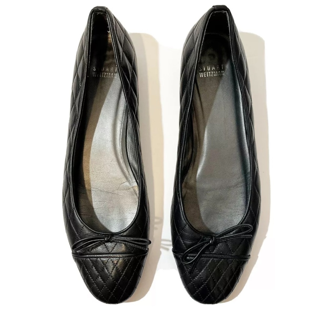 Stuart Weitzman Black Leather Quilted Bow Ballet Flats Size 11 N